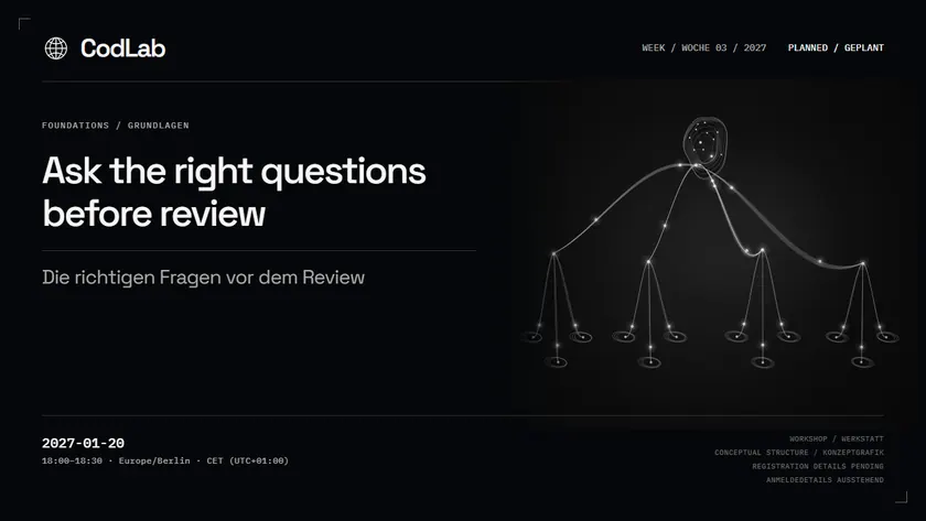 CodLab workshop cover: Ask the right questions before review, 2027-01-20