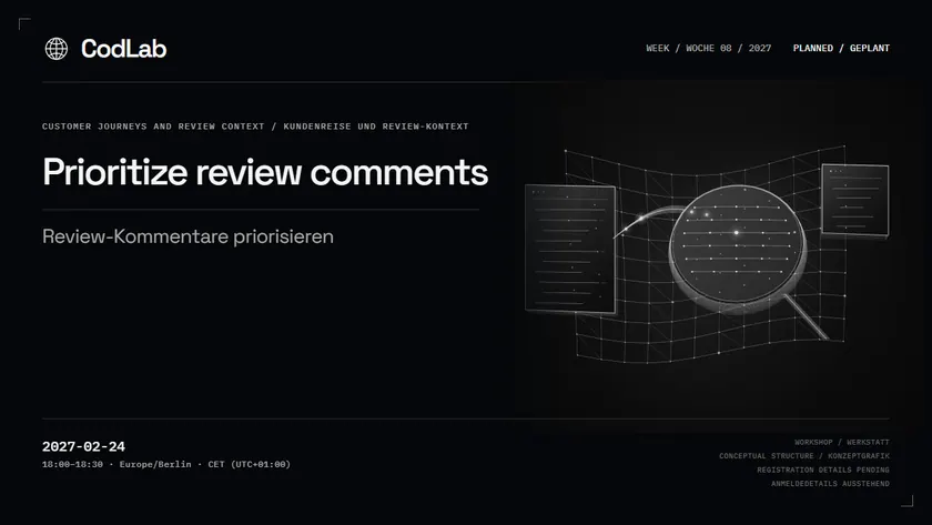 CodLab workshop cover: Prioritize review comments, 2027-02-24