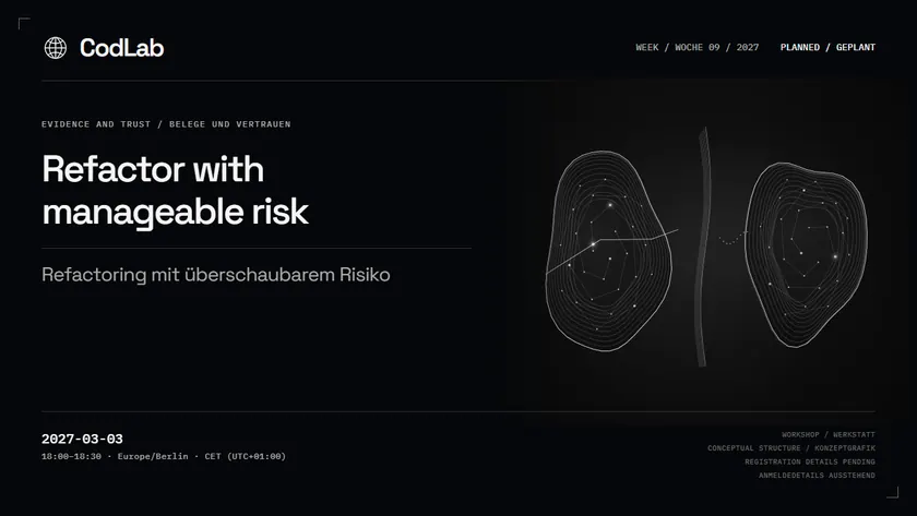 CodLab workshop cover: Refactor with manageable risk, 2027-03-03
