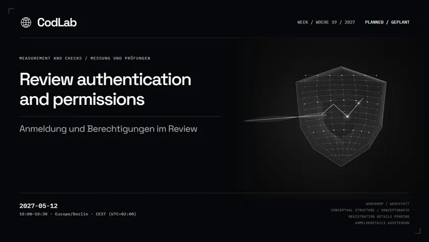 CodLab workshop cover: Review authentication and permissions, 2027-05-12