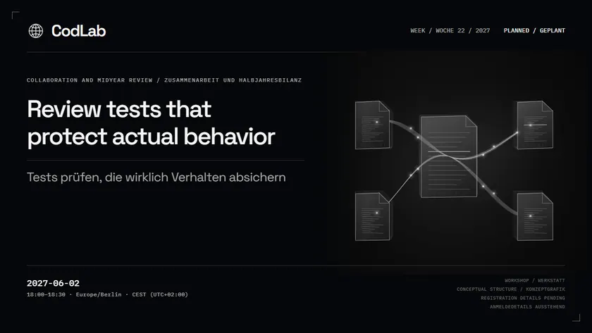 CodLab workshop cover: Review tests that protect actual behavior, 2027-06-02