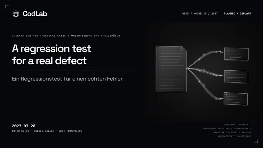CodLab workshop cover: A regression test for a real defect, 2027-07-28