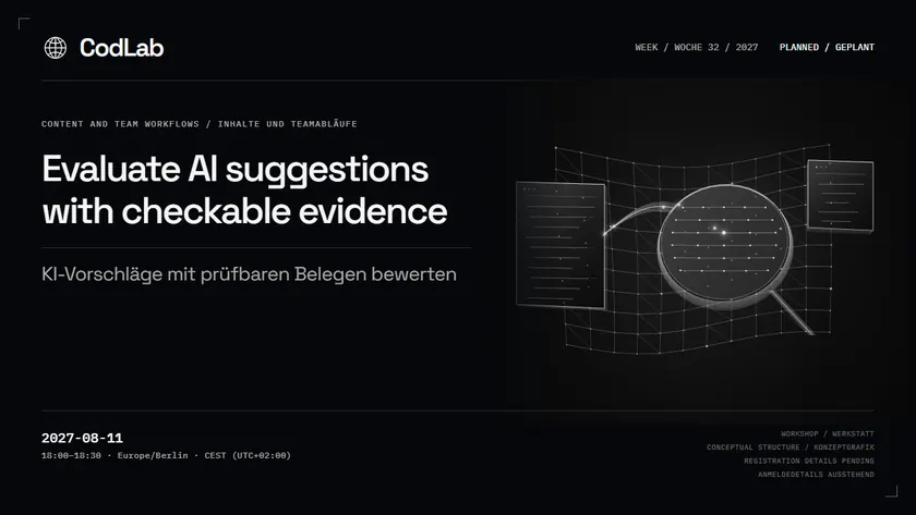 CodLab workshop cover: Evaluate AI suggestions with checkable evidence, 2027-08-11
