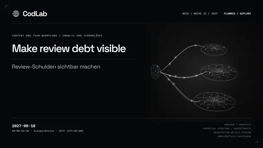 CodLab workshop cover: Make review debt visible, 2027-08-18