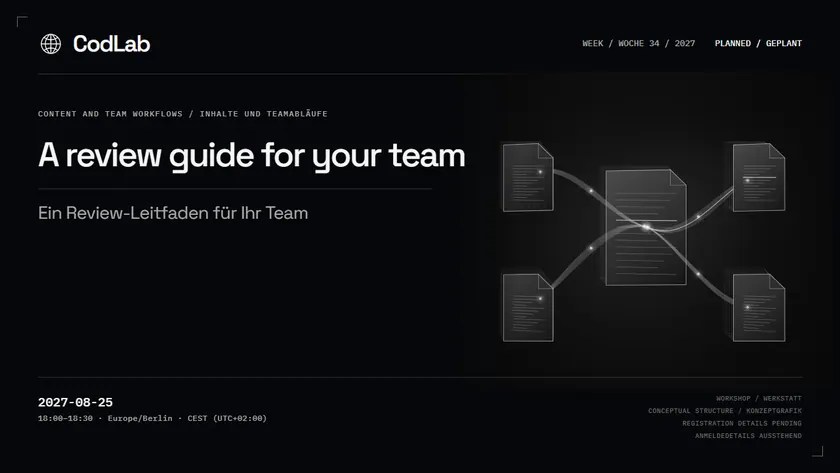 CodLab workshop cover: A review guide for your team, 2027-08-25