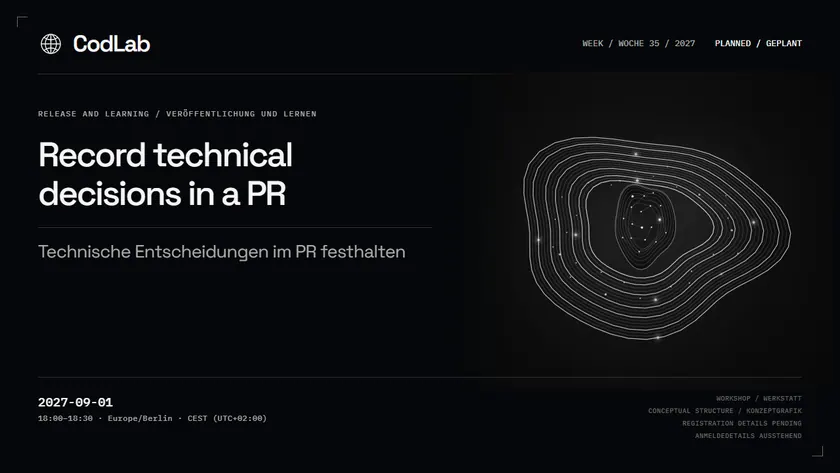 CodLab workshop cover: Record technical decisions in a PR, 2027-09-01